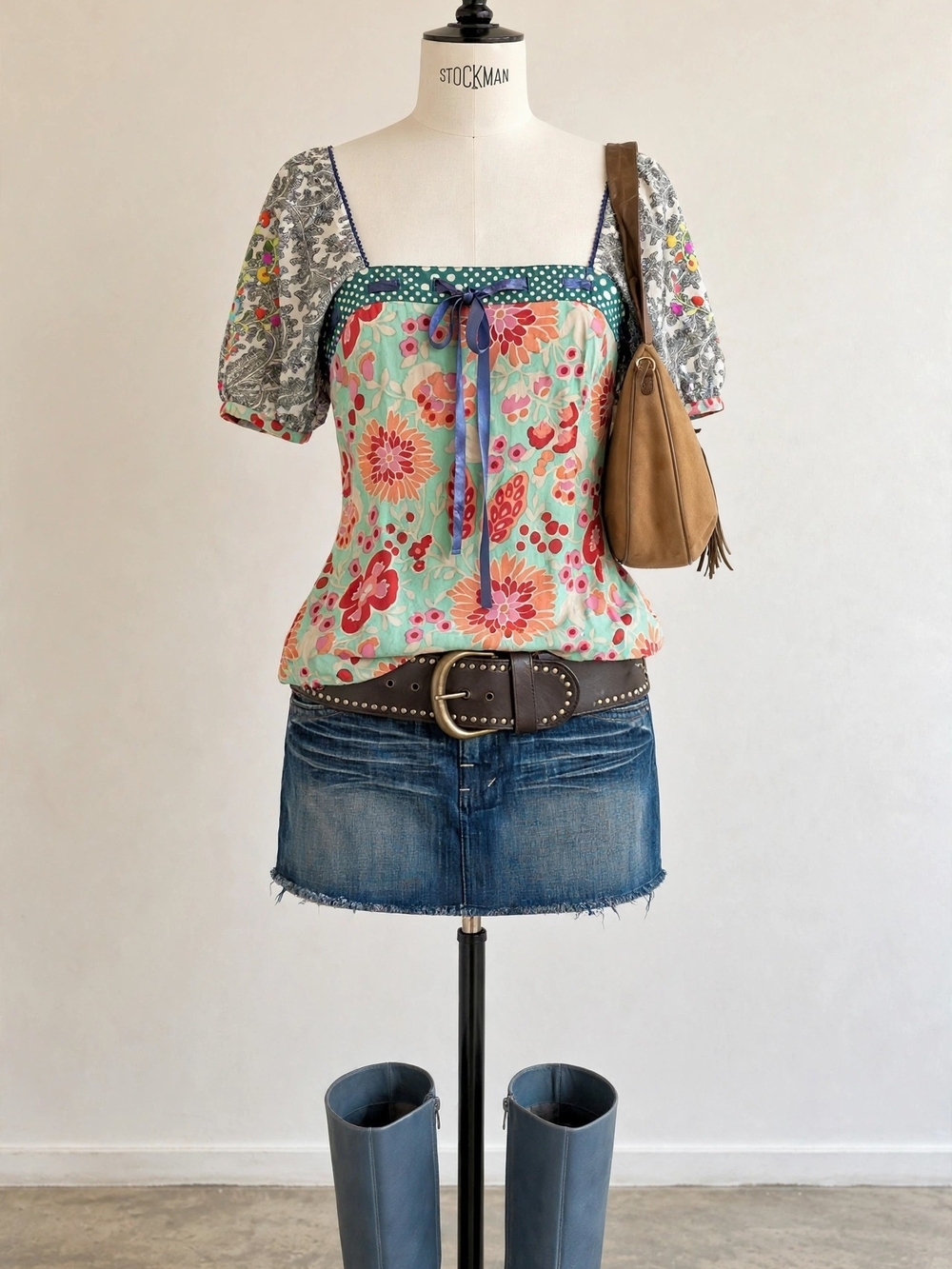 Vintage 100% Silk Floral Puff-Sleeve Tunic Top in Aqua and Pink